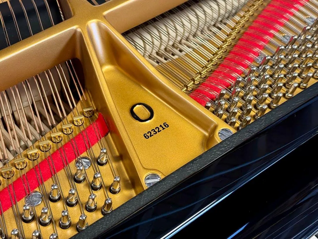 Steinway serial number 623216 stamped on the gold cast-iron plate, beside the model letter O